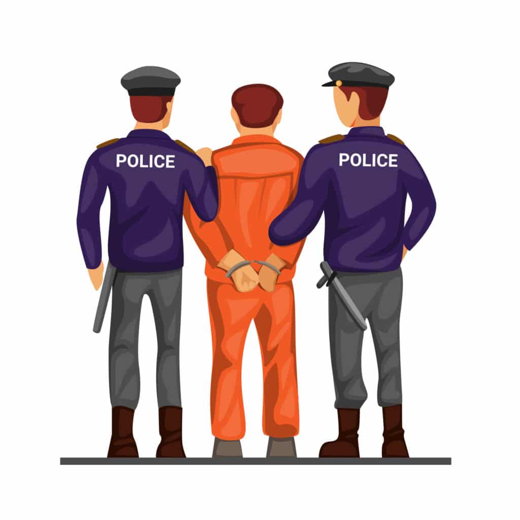 अवैध हथियार के खिलाफ पुलिस का सख्त एक्शन: नारायणगढ़ और अंबाला छावनी से दो गिरफ्तार 17 police leading criminal prisoner in handcuff from back view concept in cartoon illustration isolated in white background vector