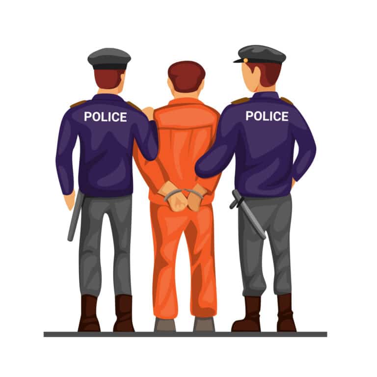police-leading-criminal-prisoner-in-handcuff-from-back-view-concept-in-cartoon-illustration-isolated-in-white-background-vector