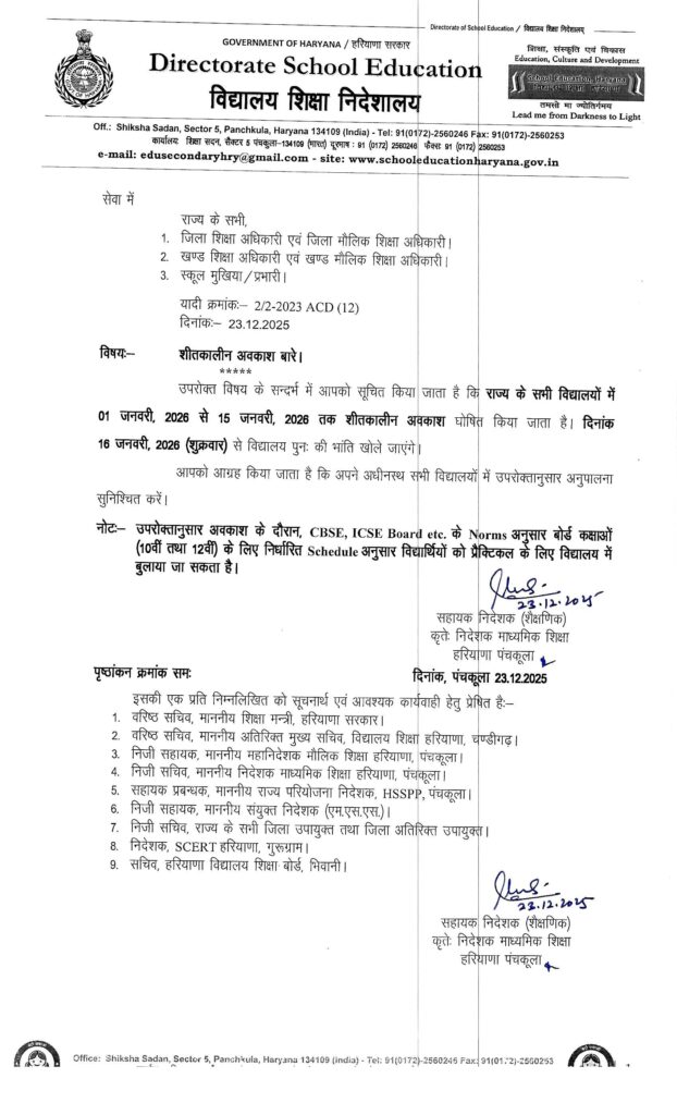 हरियाणा के सभी सरकारी व निजी स्कूलों में 15 दिन का शीतकालीन अवकाश घोषित 1 Regarding winter vacations 23122025 251223 132605
